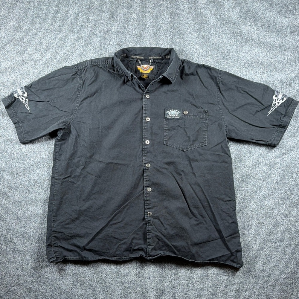 VTG Harley-Davidson Button Up Shirt Mens XL Black Embroidered Flame Sleeve Biker